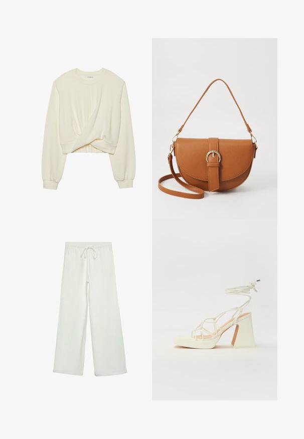 Cremefarbener, verkürzter Sweatshirt mit langen, figurbetonten Ärmeln. Verfügt über ein Wendeldetail vorne und einen gerippten Saum. Weiche, glatte Textur.; Weiße, weit geschnittene Hose aus weichem Stoff. Mit einem elastischen Bund und einem Kordelzug sowie einer glatten Oberfläche. Keine sichtbaren Muster oder Hardware.; Weiße High-Heel-Sandale mit einem klobigen Absatz, die über ein Riemchendesign und ein Knöchelband verfügt. Glatte Textur mit einer Plattform vorne für zusätzliche Höhe.; Braune Leder-Crossbody-Tasche mit geschwungener Form, goldfarbenen Beschlägen und einer Schnallenakzentuierung. Verfügt über einen abnehmbaren Schultergurt.