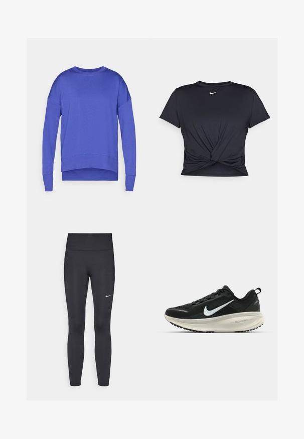 Sweatshirt roxo com mangas longas, decote redondo e bainha ligeiramente curvada. Feito de um tecido leve e suave com uma textura lisa.; T-shirt atlético preto feito de tecido liso, apresentando um design frontal com nó e um pequeno logótipo branco da Nike no peito.; Leggings pretos feitos de tecido elástico, com uma cintura alta e um logo branco da Nike na coxa esquerda. Textura suave, design ajustado ao corpo.; Sapatilha de corrida Nike preta com parte superior de malha respirável, logotipo Swoosh branco, detalhes texturizados e uma entressola ZoomX na cor creme.