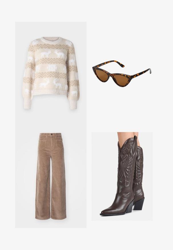 Pull en tricot beige clair avec des motifs de rennes et de flocons de neige blancs, col rond et poignets côtelés. Texture douce, coupe décontractée.; ONLY HOPE GLOBAL HW EBBA POCKETS - Pantalon classique - fossil; Bottes de cowboy en cuir marron avec un bout pointu et un talon bloc, présentant des coutures détaillées et des accents en relief sur la tige.; Lunettes de soleil style œil de chat avec une monture en écaille de tortue noire et orange, verres marron et pointes effilées et élégantes. Présente un logo minimaliste sur la branche.; Petit sac à main crème avec une finition texturée, une longue sangle réglable, un accent en chaîne et une fermeture à rabat. Détails en matériel doré.; Boucles d'oreilles en or avec une finition lisse et brillante. Design circulaire présentant un petit clou et une attache transparente pour un port sécurisé.