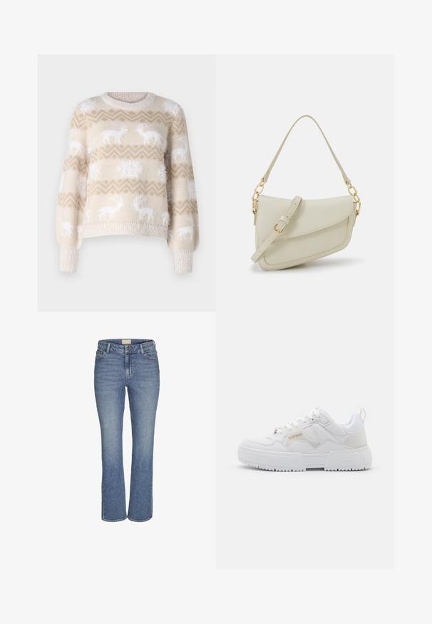 Pull en tricot beige clair avec des motifs de rennes et de flocons de neige blancs, col rond et poignets côtelés. Texture douce, coupe décontractée.; Jeans en denim bleu moyen, coupe droite, avec fermeture à boutons et à glissière à l'avant, passants de ceinture, et poches avant et arrière.; Baskets blanches au design chunky, en cuir et matériaux synthétiques, avec des détails texturés, des lacets et un logo proéminent en doré.; Petit sac à main crème avec une finition texturée, une longue sangle réglable, un accent en chaîne et une fermeture à rabat. Détails en matériel doré.; Boucles d'oreilles en argent en forme de créoles avec un design torsadé, dotées d'une finition polie et d'une fermeture à poussoir. Mesurent environ 3 cm de diamètre.