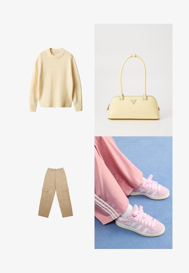 Cremfarbener Strickpullover mit Rundhalsausschnitt, gerippten Bündchen und Saum. Weiche Textur mit leicht lockerer Passform, ausgestattet mit einem einfachen, klaren Design.; Helles rosa Langarm-Hemd mit dünnen weißen vertikalen Streifen und spitzem Kragen, flach auf einem weißen Hintergrund ausgelegt.; Beige Cargo-Hosen aus Stoff, mit zwei frontalen Taschen und einem entspannten, weiten Schnitt. Der Bund verfügt über einen Knopf- und Reißverschluss.; Rosa Sportschuhe mit hellblauen Streifen, runder Zehenform und dicken rosa Schnürsenkeln, kombiniert mit rosa Jogginghosen mit weißen Seitenstreifen.; Gelbe lackierte Lederhandtasche mit runder Form, einem einzelnen oberen Griff und einer silbernen Logo-Platte. Verfügt über einen Reißverschluss und eine glatte Textur.; Fünf Armbänder: ein Dunkelholz-Bangle, zwei goldfarbene Metallketten und zwei bernsteinfarbene Harzringe mit goldenen Akzenten und glatten Oberflächen.