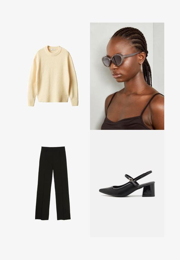 Pulover tricotat de culoare crem, cu guler rotund, mansete și tiv cu bordură. Textură moale, cu o croială ușor lejeră, având un design simplu și curat.; Pantaloni largi negri, confecționați dintr-un material fin, cu un talie ajustată și pliuri frontale subtile pentru un plus de textură.; Cizme cu toc slingback din piele sintetică lacuită neagră, cu vârful ascuțit, un design cu decupaj rotunjit și toc bloc. Include un accent cu cataramă de culoare aurie.; Ochelari de soare supradimensionați gri, cu formă rotundă și lentile închise la culoare. Rame din plastic elegante, cu un finisaj neted. Modelul are părul împletit.