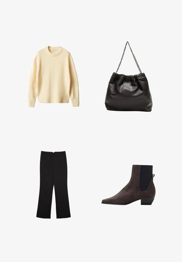 Pull en tricot couleur crème avec un col rond, des poignets et un ourlet côtelés. Texture douce avec une coupe légèrement ample, arborant un design simple et épuré.; Pantalon noir avec une coupe droite, doté de poches avant et d'éclairs sur l'ourlet. Fabriqué en tissu doux et lisse. Convient à diverses occasions.; Botte de cheville en suède gris foncé avec un bout pointu, des panneaux latéraux élastiques et un petit talon carré. Présente une sangle de tirage à l'arrière.; Sac en cuir marron avec un haut froncé et une bandoulière en chaîne. Texture lisse avec une finition brillante et des coutures subtiles sur les côtés.