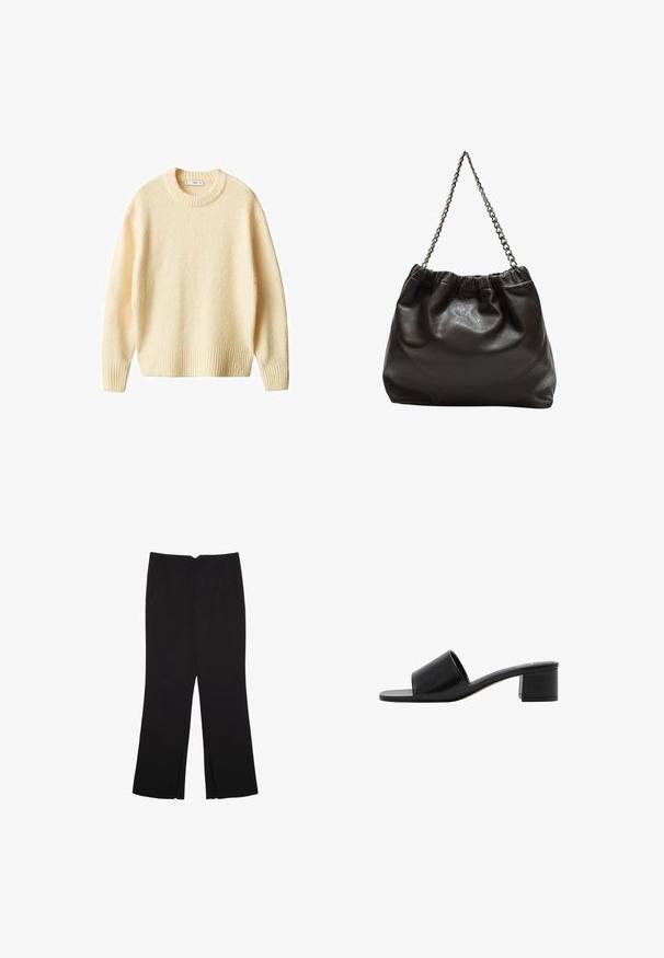 Cream-colored knit sweater with a round neck, ribbed cuffs, and hem. Soft texture with a slightly loose fit, featuring a simple, clean design.; Black trousers with a straight fit, featuring front pockets and side slits at the hem. Made of soft, smooth fabric. Suitable for various occasions.; Black leather open-toe slide sandal with a wide strap and a solid block heel. Features a smooth texture and minimal design.; Brown leather bag with a gathered top and a chain strap. Smooth texture with a glossy finish and subtle seam detailing on the sides.