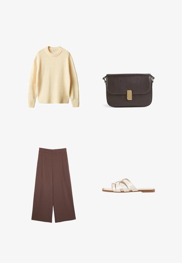 Crème kleurige gebreide trui met een ronde hals, geribde manchetten en zoom. Zachte textuur met een iets losse pasvorm, met een eenvoudig, strak ontwerp.; Bruine wijde broek met een gladde textuur, voorzien van een hoge taille en plooien aan de voorkant. De stof is lichtgewicht en valt losjes.; Vlakke sandalen met een tan rubberen zool, ontworpen met drie overlappende witte leren banden en een kleine strikdetail in het midden.; Donkerbruin leren schoudertas met een gevouwde klep en details in goudkleurig metaal. Gladde textuur, minimalistisch ontwerp en rechthoekige vorm.