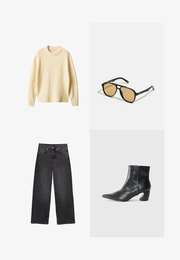 Cremfarbener Strickpullover mit Rundhalsausschnitt, gerippten Bündchen und Saum. Weiche Textur mit leicht lockerer Passform, ausgestattet mit einem einfachen, klaren Design.; Hochtaillierte, weite schwarze Denim-Jeans mit einer verblassten Optik. Verfügt über einen vorderen Knopfverschluss und fünf Taschen, mit sichtbaren Nähten.; Schwarze Leder-Ankle Boots mit spitzem Zehenbereich, schlanker Silhouette und einem markanten geometrischen Blockabsatz. Glatte Textur mit seitlichem Reißverschluss.; Schwarze Sonnenbrille mit braun getönten Gläsern; rechteckige Form mit einem dicken Rahmen, einschließlich subtiler Hardware-Akzente an den Bügeln.; Schwarze Kunstleder-Handtasche mit einzigartiger Halbmondform, einem breiten, gepolsterten Henkel und einem Reißverschluss. Glatte, glänzende Textur, minimalistisches Design.