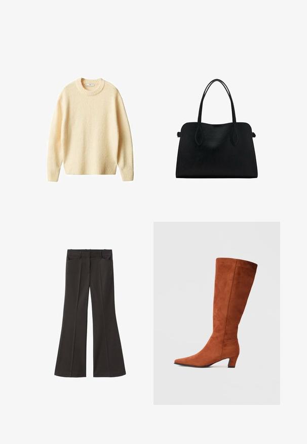 Kremno obarvan pleteni pulover s okroglim ovratnikom, rebrastimi manšetami in robom. Mehka tekstura s nekoliko ohlapnim krojem, ki ima preprost in čist dizajn.; Črne razširjene hlače z visokim pasom; vključujejo dva sprednja žepa in gladko teksturo tkanine. Primerne za različne priložnosti.; Rjavi suede škornji do kolen s koničastim nosom in majhno blok peto, ki se ponašajo z gladko teksturo in minimalističnim dizajnom.; Črna usnjena torbica z dvema naramnima trakoma, pravokotne oblike in minimalističnim dizajnom na beli podlagi.