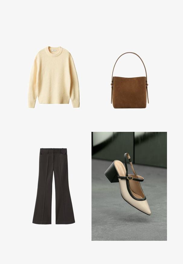 Cream-colored knit sweater with a round neck, ribbed cuffs, and hem. Soft texture with a slightly loose fit, featuring a simple, clean design.; Black flared trousers with a high waist; features two front pockets and a smooth fabric texture. Suitable for various occasions.; Beige pointed-toe slingback shoe with black trim, gold buckle, and a chunky block heel on gray floor with dark green background.; Mango Handbag - brown