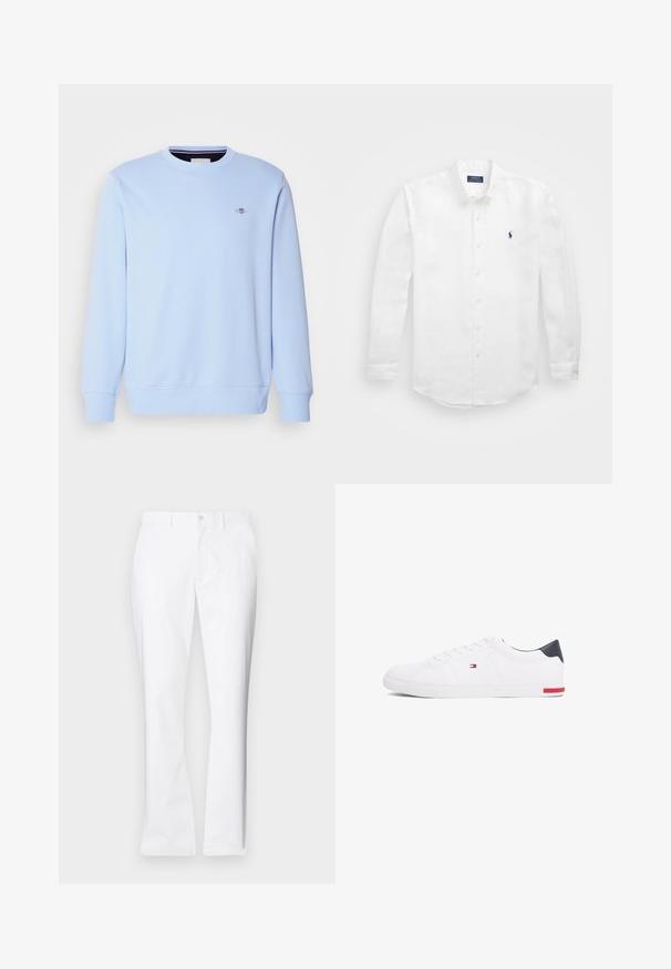 Felpa azzurro chiaro realizzata in tessuto morbido, con collo rotondo, maniche lunghe e un piccolo logo sul petto. Polsini e orlo a costine.; Camicia bianca a maniche lunghe in cotone con colletto impunturato, caratterizzata da un piccolo logo blu navy sul lato sinistro del petto e chiusura con bottoni classica.; Pantaloni di cotone bianchi con un design a gamba dritta, tasche frontali, chiusura con un bottone e una texture liscia.; Sneakers bianchi a punta bassa realizzati in pelle liscia. Presentano una tomaia blu navy sul tallone e un accento rosso sulla suola. Sei occhielli per i lacci.