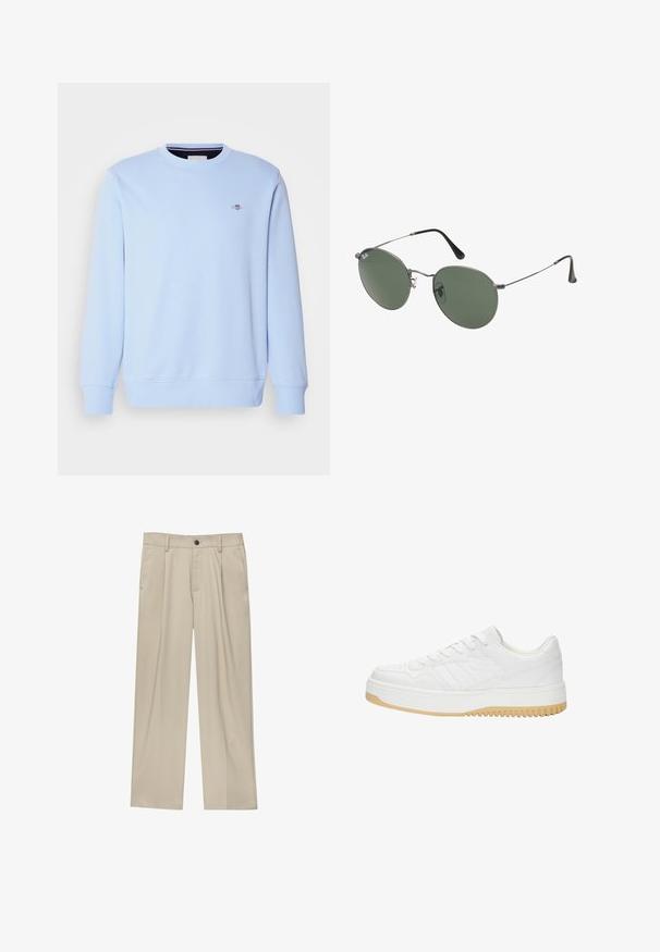 Jasnoniebieska sweatshirt wykonana z miękkiego materiału, z okrągłym dekoltem, długimi rękawami i małym logo na piersi. Prążkowane ściągacze przy mankietach i u dołu.; Biała koszulka polo wykonana z bawełny, z klasycznym kołnierzykiem, krótkimi rękawami i małym granatowym logo na lewej piersi. Zapięcie na dwa guziki.; Beżowe spodnie o prostym kroju, z pojedynczym czarnym guzikiem, szlufkami na pasek oraz bocznymi kieszeniami. Gładka faktura materiału i minimalistyczny design.; Białe skórzane sneakersy o fakturowanym wykończeniu, z gumową podeszwą, sznurowanym zapięciem i subtelnymi akcentami w paski po bokach.; Okulary przeciwsłoneczne z metalową ramą i owalnymi zielonymi soczewkami. Cienka srebrna metalowa rama i czarne końcówki zauszników. Minimalistyczny design, bez widocznych logo.