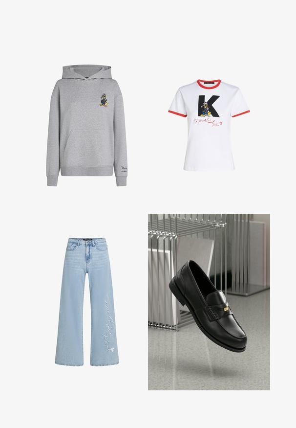 Grå bomullsdress med kengurulomme. Har en liten brodert karakter, hette og ribbestrikkede mansjetter. Disney-merke på ermet.; Hvit bomull t-skjorte med rød hals og ermeendringer. Har en svart 'K' og en Donald Duck-grafikk med en signatur i rødt.; Lys blå vide jeans i denim med brodert "Donald og Daisy" tekst på venstre ben. Har klassisk femlomme-design og beltehemper.; Sorte lærloafers med en glatt finish, med en dekorativ rem og liten gullaccent. Sålen er flat med rund tå.