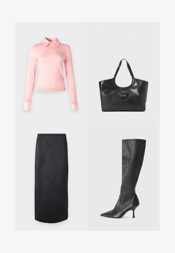 Alice + Olivia PORLA - Pullover - shell pink; Jupe noire mi-longue avec une texture froissée, coupe droite et fente sur le côté. Le tissu semble léger. L'ourlet est légèrement arrondi.; Bottes en cuir noir arrivant jusqu'aux genoux avec un bout pointu et un talon aiguille fin. Texture lisse avec un design ajusté et des coutures au bord supérieur.; Sac fourre-tout en cuir noir avec une finition brillante, un sommet arrondi, deux bretelles et un accent en métal doré sur le devant.
