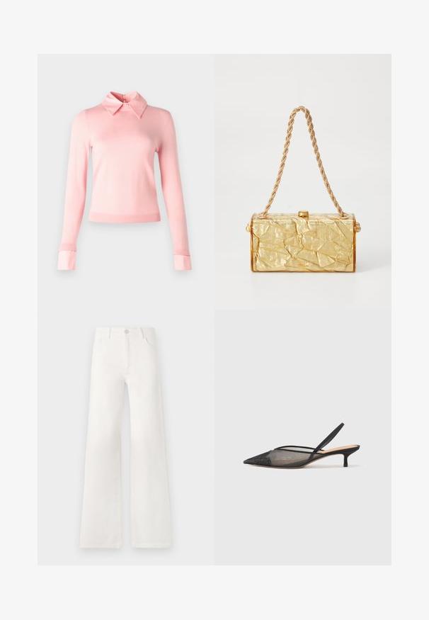 Alice + Olivia PORLA - Neule - shell pink; Valkoiset, korkeavyötäröiset ja leveälahkeiset farkut, jotka on valmistettu denimkankaasta. Ominaisuuksiin kuuluu napp closure, kaksi etutaskua ja sivusaumojen ompeluyksityiskohdat.; NEOUS IRENA - Avokkaat - black; Kullanım sırasında büzülmüş dokuya sahip altın rengi, dikdörtgen şekilli çanta, üst kısmında zincir askısı ve menteşe kapanışıyla dikkat çekiyor. Pürüzsüz, parlak bir yüzey.