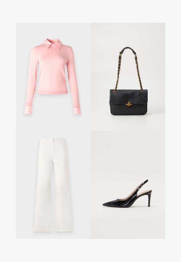 Alice + Olivia PORLA - Strickpullover - shell pink; Weiße, hoch taillierte, weite Jeans aus Denim. Verfügt über einen Knopfverschluss, zwei Fronttaschen und Seitennähte mit Stickdetails.; Schwarz lackierte Slingback-Pumps mit spitzem Zehenbereich, schlankem Absatz und einem subtilen Ausschnittdesign. Verfügt über eine goldene Schnalle am Riemen.; Schwarze Ledertasche mit einer umklappbaren Klappe, goldfarbenem Kettenriemen und Logohardware-Detail auf der Vorderseite. Glatte Textur.