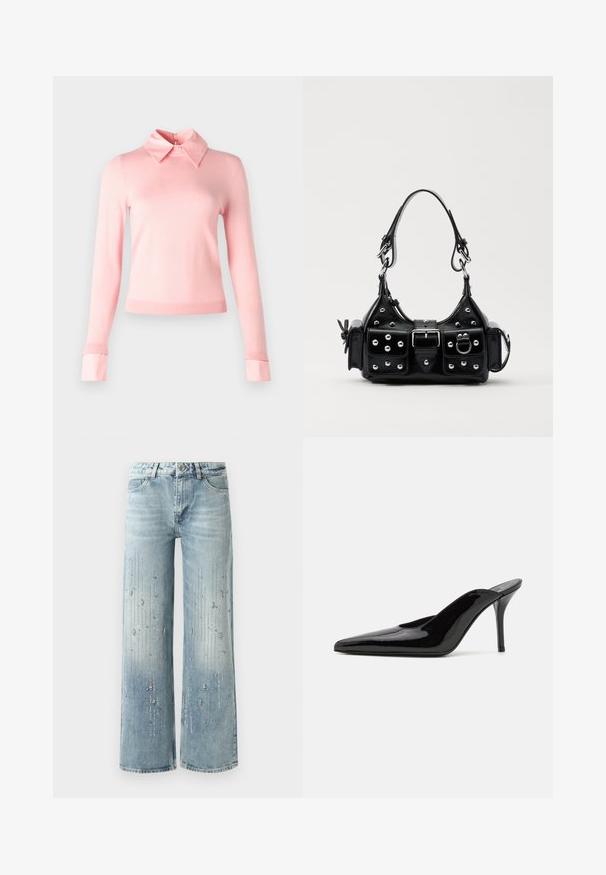 Alice + Olivia PORLA - Pulóver - shell pink; Világoskék, bő szárú farmernadrág, amelynek gradiens színátmenete van, és ezüst strasszok díszítik függőleges mintában.; Fekete lakkbőr magas sarkú mules cipő, hegyes orral és karcsú sz Siluettel, nyitott hátsó résszel és vékony stilettó sarokkal.; Fekete bőr kézitáska ívelt designnal, ezüst szegecsekkel, csattal és két oldalsó zsebbel. Állítható vállpánt a hordozási lehetőségekhez.