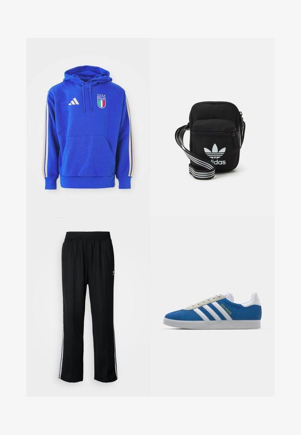 Modra bombažna kapuca z žepom spredaj, z vrvico na kapuci, Adidasovim trojnim pasom v zlati barvi in emblemom Italije s zvezdami.; Črne atletske hlače z elastičnim pasom, ki imajo bele stranske črte in majhen logo. Material izgleda mehak in lahek.; adidas Originals ADIDAS GAZELLE SHOES - Dvoranske nogometne kopačke - real madrid/bluebird/footwear white/crew yellow; Črna tkaninska torbica čez ramo z zadrgo, ki vsebuje belo Adidasovo logo in pridelano naramnico z več črtami za enostavno nošenje.