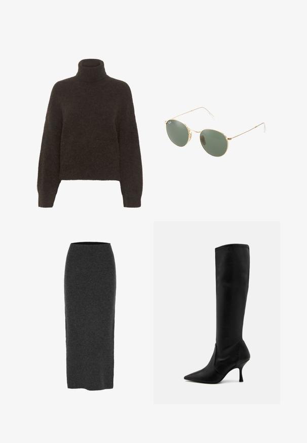 Gestuz ALPHA ROLLNECK - Strickpullover - molé; Strick-Bleistiftrock in Dunkelgrau, knielang mit taillierter Form, glatter Textur und elastischem Bund für mehr Komfort.; Stuart Weitzman Stiefel - black; Sonnenbrille mit goldfarbenem Metallrahmen und grünen Gläsern, runder Form, dünnen Bügeln und weißen Kunststoffakzenten an den Enden der Bügel.