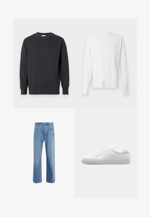Sweatshirt preta feita de algodão, com decote redondo, punhos e bainha canelados, com um logótipo em relevo no peito. Textura lisa.; Camisa de algodão branca de mangas longas com decote redondo, fendas laterais na parte inferior e uma textura suave, mostrada de trás.; Calças de ganga azul claro com um design de perna reta, cinco bolsos, fecho de botão, desgaste mínimo e detalhes de costura em contraste.; Sapatilha branca com um cabedal em couro liso e de perfil baixo. Apresenta um bico redondo, seis ilhoses e uma sola de borracha texturizada.