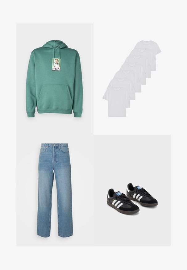 Volcom NODER - Hoodie - sea green; Witte katoenen T-shirts, korte mouwen, ronde halsontwerp, eenvoudige textuur, gestapeld in een rij, met subtiele branding bij de hals.; Hoge taille lichtblauwe denim jeans met rechte pijpen, sluiting met een knoop aan de voorkant en vijf zakken, op een effen achtergrond.; Zwarte sneakers met een bovenwerk van suède en synthetisch materiaal, voorzien van drie witte strepen, een gestructureerde rubberen zool en een blauw logo-label op de tong.