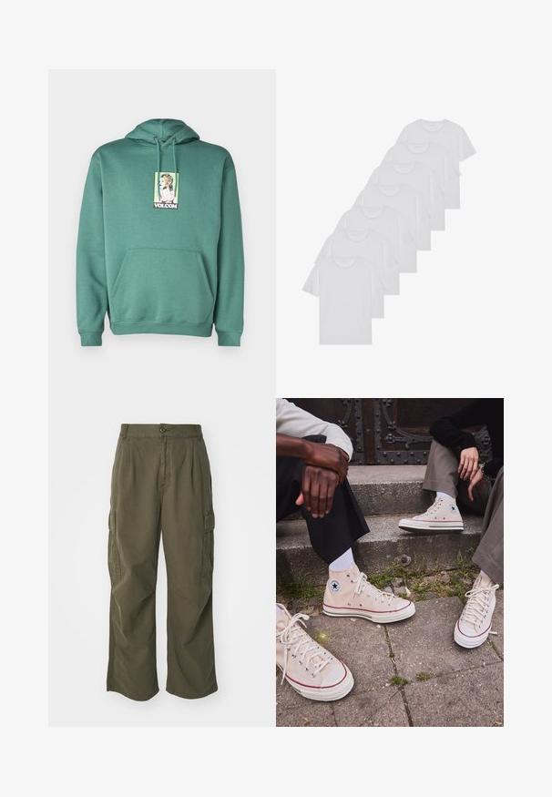Volcom NODER - Jersey con capucha - sea green; Camisetas de algodón blancas, de manga corta, con diseño de cuello redondo, textura lisa, apiladas en una fila, con un sutil logo en el cuello.; Pantalones cargo en verde oliva, fabricados en algodón, con un diseño de pierna ancha, pliegues y bolsillos laterales para mayor utilidad.; Zapatillas de lona beige de caña alta con franja roja, suela de goma blanca y ojales de metal, con el icónico logo de estrella en el lateral.