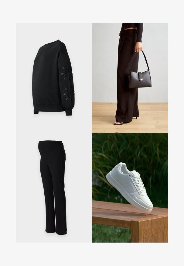 Mustmustega sweatshirt ümarate kaeluste ja paisutatud varrukkatega, millel on laseriga lõigatud lillemustrid varrukatel ja sile tekstuur.; ONLY MATERNITY OLMHALLE - Püksid - black; Valged sneakerd, millel on sile sünteetiline ülemine osa, väikeste aukudega varvaskast, lamedad paelad ja tekstuuriga tald, eksponeeritud puidust pinnal.; Must musta kott, millel on struktureeritud kuju, sile tekstuur ja metallist klamber. Kombineeritud laiate mustade pükstega ja avatud varvaste sandaalidega puidust põrandal.