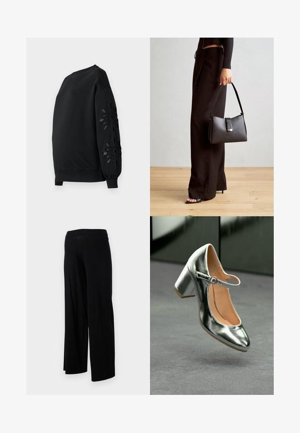 Čierny sveter s okrúhlym výstrihom a vypchatými rukávmi, s laserom vyrezávanými kvetinovými vzormi na rukávoch a hladkou textúrou.; Čierne široké nohavice s elastickým pásom a hladkým, pružným povrchom. Majú jednoduchý dizajn, bez vzorov alebo ozdôb.; Metalické strieborné lodičky Mary Jane s okrúhlou špičkou, členkovým pásikom a blokovým podpätkom, so jemnou textúrou a svetlohnedým interiérom.; Čierna kabelka so štruktúrovaným tvarom, hladkou textúrou a kovovou sponou. V kombinácii so širokými čiernymi nohavicami a sandálmi s otvorenou špičkou na drevenej podlahe.