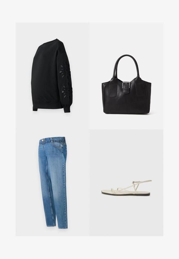 Melnā džemperis ar apaļu kakla izgriezumu un pūkainām piedurknēm, kam ir lāzera griezti ziedu raksti uz piedurknēm un patīkama tekstūra.; Gaiši zili augstās jostas atsvešināta piegriezuma džinsi ar priekšējo pogu, rāvējslēdzēju un klasisko piecu kabatu dizainu uz baltā fona.; Bežīgas plakanas čības ar vairākiem plāniem siksniņām un regulējamu sprādzi. Zole ir plakana ar nelielu tumšu kontrastu malā.; Melnas ādas somiņa ar gludu tekstūru, strukturētu formu, divām rokturām un izteiktu sudraba sprādzi priekšpusē.