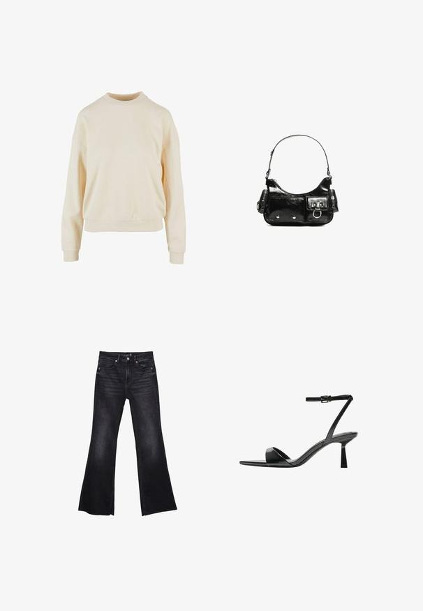 Crème-kleurige sweatshirt met ronde hals, lange mouwen, een relaxte pasvorm, ribgebreide manchetten en een zachte textuur, die eenvoud in design benadrukt.; Zwarte flared jeans gemaakt van denim met een licht vervaagde textuur. Bevat voorzakken, een ritssluiting en zichtbare stikselaccenten.; Bershka Sandalen met hoge hak - black; Zwarte laarzen in lakleer met een gebogen vorm, één schouderband, voorvakken en accenten in zilverkleurig metaal.