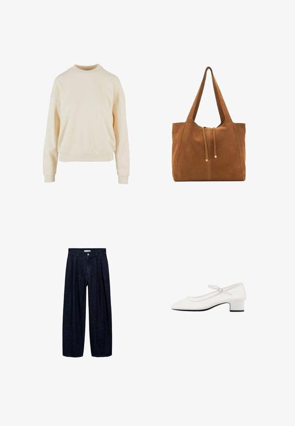 Sweatshirt crema a girocollo con maniche lunghe, vestibilità comoda, polsini a coste e una texture liscia, che mette in evidenza la semplicità nel design.; Pantaloni wide-leg in denim scuro con pieghe in vita, dotati di un bottone frontale e passanti per cintura. Texture liscia e design a lunghezza completa.; Scarpa Mary Jane in pelle sintetica bianca con punta arrotondata, tacco grosso di altezza intermedia e cinturino regolabile con fibbia argentata.; Borsa a tracolla in suede marrone con due lunghe cinghie, chiusura con cordoncino e design minimalista. Texture liscia e senza elementi hardware visibili.