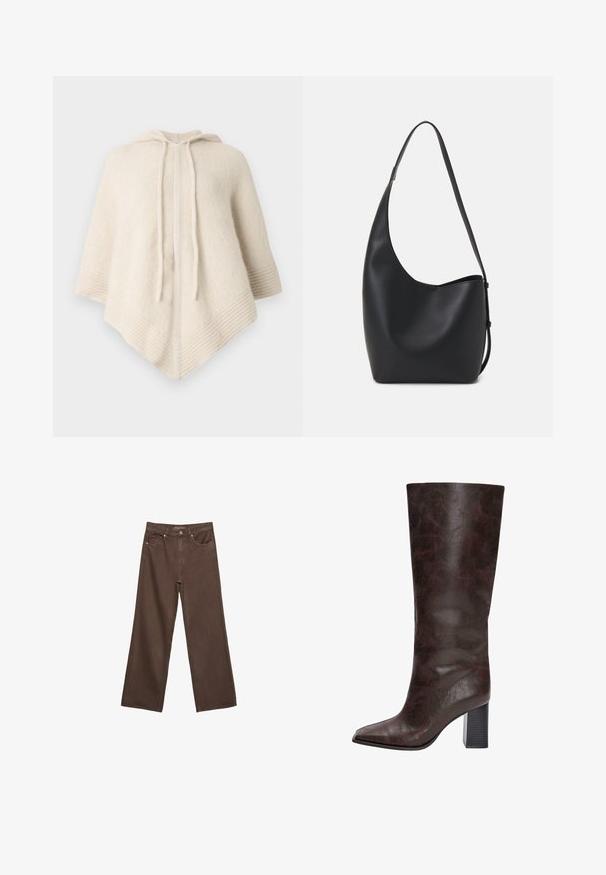 Roomkleurige poncho met capuchon, gemaakt van zachte stof. Heeft geribbelde randen en een vooropening met trekkoorden.; Brede bruine spijkerbroek van denim, met een hoge taille, voorzakken en een klassieke knoopsluiting. Soepele textuur met subtiele stiksels.; Bruine neplederen laarzen tot de knie met een puntige neus, een gestructureerd oppervlak en een chunky zwarte hak. Gladde afwerking, minimale details.; Zwarte leren hobo tas met een gladde textuur, kromme vorm en een enkele verstelbare schouderband; heeft een brede opening aan de bovenkant.