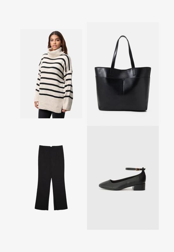 Elara - Sweter; Czarne spodnie o prostym kroju, z przednimi kieszeniami i bocznymi rozcięciami na dole. Wykonane z miękkiego, gładkiego materiału. Odpowiednie na różne okazje.; Czarne skórzane szpilki z ostrym noskiem i niskim słupkowym obcasem. Wyposażone w pasek na kostkę z złotym zapięciem. Gładka tekstura.; Czarna skórzana torba na ramię z dwoma długimi uchwytami, gładką teksturą i sztywną formą. Posiada przednią kieszeń dla dodatkowego przechowywania.