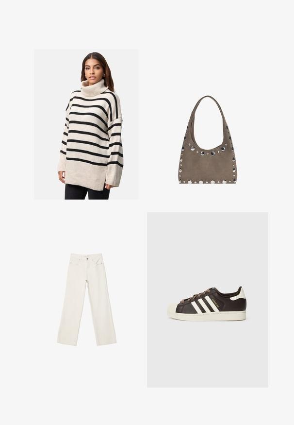 Elara Strickpullover - beige; Weiße lässige Jeans aus Denim mit hochgeschnittenem Bund, Fronttaschen und Knopfverschluss. Schlichtes Design mit minimalen Akzenten.; Low-Top Adidas Superstar Sneaker aus dunkelbraunem Leder mit cremefarbener Schale an der Spitze, weißen Streifen und dem Schriftzug "Superstar" an der Seite.; PULL&BEAR SHOPPER - Shopping Bag - grey