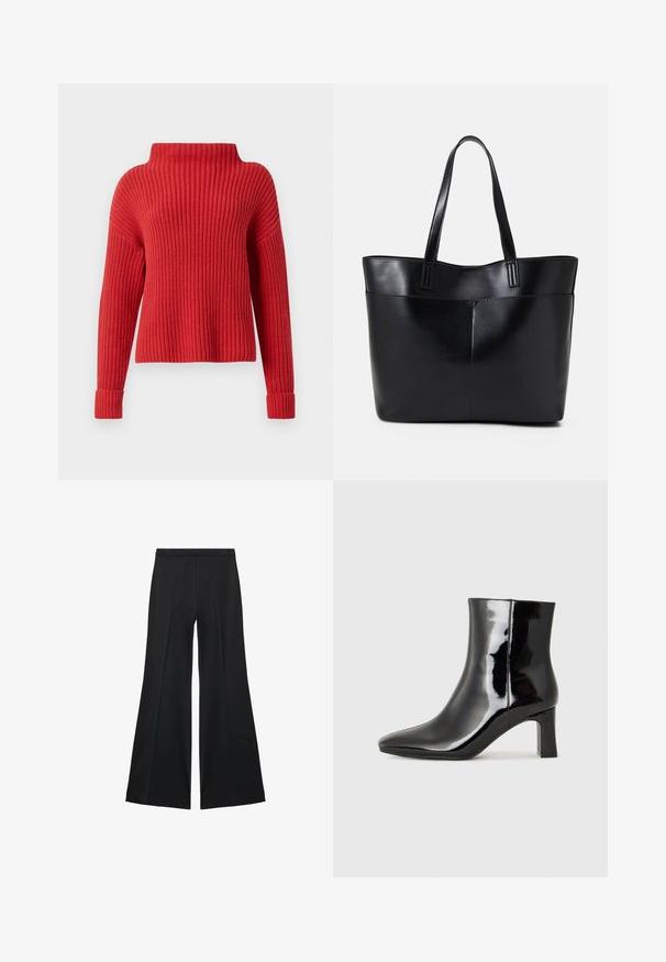 Maglione rosso a maglia con colletto alto, texture a coste, maniche lunghe e polsini aderenti. Design casual e boxy, adatto per il layering.; Pantaloni neri a gamba larga con una texture liscia, caratterizzati da pieghe frontali e un design sartoriale. Il tessuto è leggero e fluido.; Stivaletto in pelle verniciata nera con punta a punta e tacco a blocco di altezza media. Texture liscia e design minimalista.; Borsa a tracolla in pelle nera con due manici lunghi, una texture liscia e una forma strutturata. Presenta una tasca frontale per ulteriore spazio di archiviazione.