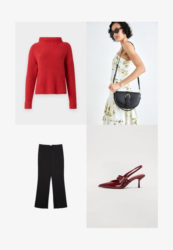 Rød strikket sweater med høj krave, ribbet tekstur, lange ærmer og tætsiddende manchetter. Casual, boxy design der er velegnet til lag-på-lag påklædning.; Sorte bukser med lige pasform, der har frontlommer og slidser i kanten. Lavet af blødt, glat stof. Velegnet til forskellige anledninger.; Røde patenteret læder slingback hæle med spids tå, to spændebånd og en slank, mellemhøj stiletto hæl. Glat tekstur.; Sort læderhåndtaske med en buet form, aftagelig rem og guldfinish. Tasken har en klap med en spænde detalje.