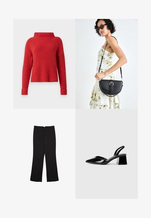 Maglione rosso a maglia con colletto alto, texture a coste, maniche lunghe e polsini aderenti. Design casual e boxy, adatto per il layering.; Pantaloni neri a gamba dritta, con tasche frontali e spacchi laterali all'orlo. Realizzati in tessuto morbido e liscio. Adatti a diverse occasioni.; Décolleté in vernice nera con punta affusolata e tacco in geometria cubica. Presentano un design elegante e minimalista, con una texture liscia.; Borsa a tracolla nera in pelle con una forma curva, manico rimovibile e accessori dorati. La borsa presenta una patta con un dettaglio a fibbia.