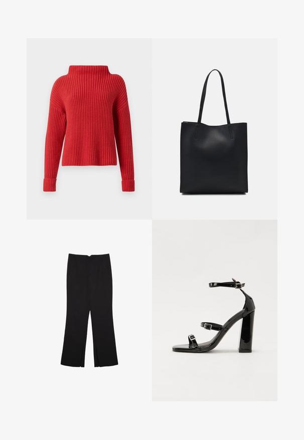 Červený pletený svetr s vysokým límcem, žebrovanou texturou, dlouhými rukávy a úzkými manžetami. Neformální, volný střih vhodný pro vrstvení.; Černé kalhoty s rovným střihem, s předními kapsami a bočními rozparky na lemu. Vyrobené z jemné, hladké tkaniny. Vhodné na různé příležitosti.; Černé lakované sandály na podpatku se čtveratou špičkou, lýtkovými pásky a stříbrnými přezkami. Disponují masivním blokovým podpatkem pro stabilitu.; Černá kožená taška přes rameno s hladkým povrchem, obdélníkovým tvarem a dvěma dlouhými uchy. Žádné viditelné kování ani ozdoby.