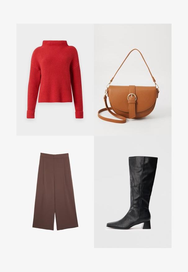 Red knit sweater with a high collar, ribbed texture, long sleeves, and fitted cuffs. Casual, boxy design suitable for layering.; Brown wide-leg trousers with a smooth texture, featuring a high waist and front pleats. The fabric is lightweight and flows loosely.; Black mid-calf leather boot with pointed toe and block heel on plain light background.; Brown leather crossbody bag with a curved shape, gold hardware, and a buckle accent. Features a detachable shoulder strap.
