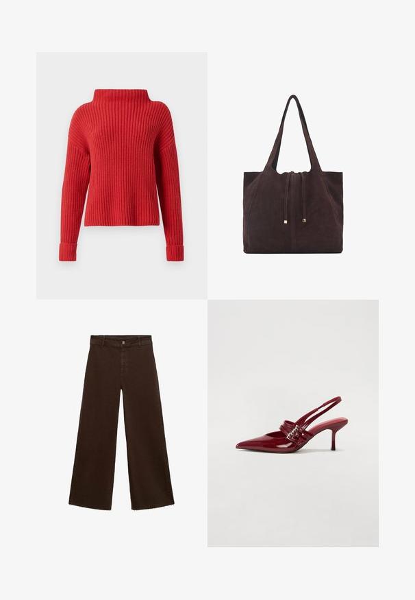 Maglione rosso a maglia con colletto alto, texture a coste, maniche lunghe e polsini aderenti. Design casual e boxy, adatto per il layering.; Pantaloni larghi marroni in misto cotone, caratterizzati da orlo sfrangiato, chiusura frontale con bottone e classico design a cinque tasche. Minimalisti e versatili.; Décolleté slingback in vernice rossa con punta affusolata, due cinturini con fibbia e un sottile tacco a stiletto di media altezza. Texture liscia.; Mango Shopping bag - dark brown