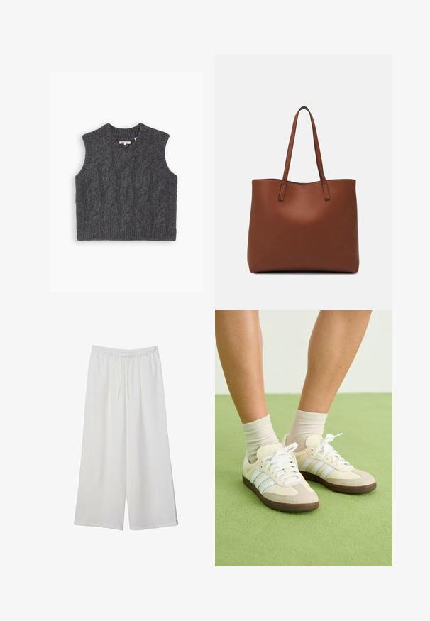 Szary, dziany bezrękawnik z dekoltem w kształcie litery V, teksturowanym wzorem w warkocze i prążkowanym dołem. Wykonany z miękkiej mieszanki wełny.; Białe szerokie spodnie wykonane z lekkiego materiału, z elastyczną talią i sznurkiem do regulacji fasonu. Gładka tekstura.; Sneakers Samba w kolorze kremowym i beżowym, z trzema jasnoniebieskimi paskami, białymi sznurówkami i brązowymi gumowymi podeszwami.; Brązowa skórzana torba tote o gładkiej fakturze, z otwartym wierzchem i dwoma ramiączkami. Charakteryzuje się minimalnym przeszyciem i brakiem widocznych elementów metalowych.