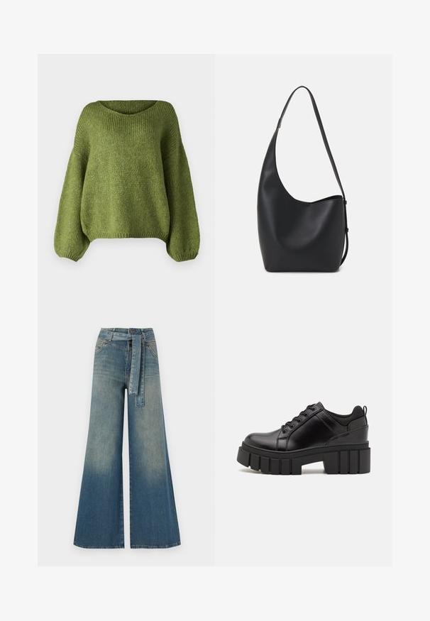JDY JDYDINEA L/S REVERSIBLE - Strickpullover - fern; Weit geschnittene Denim-Hosen mit einem Farbverlauf von hellblau zu dunkelblau, hoher Taille, Gürtelschlaufen und einem passenden Stoffgürtel. Strukturierte Denim-Oberfläche.; Schwarze Lederplateauschuhe mit klobigem Blockabsatz, runder Zehenpartie und traditionellem Schnürdesign. Verfügt über eine glatte Textur und minimale Details.; Schwarze Leder-Hobo-Tasche mit einer glatten Textur, geschwungener Form und einem einzelnen verstellbaren Tragegurt; verfügt über eine weite Öffnung am oberen Ende.