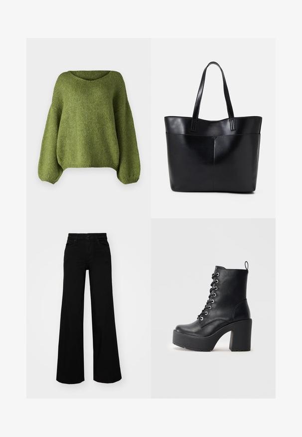 JDY JDYDINEA L/S REVERSIBLE - Camisola - fern; Calças largas pretas em denim, com uma cintura estruturada, passantes para cinto e bolsos frontais. Textura suave com um design clássico.; Botim de pele preta até ao tornozelo com um salto bloco chunky, frente com atacadores e superfície texturizada. Apresenta uma lingueta na parte de trás para um uso fácil.; Bolsa tote preta em couro com duas alças longas, textura suave e forma estruturada. Apresenta um bolso frontal para armazenamento adicional.