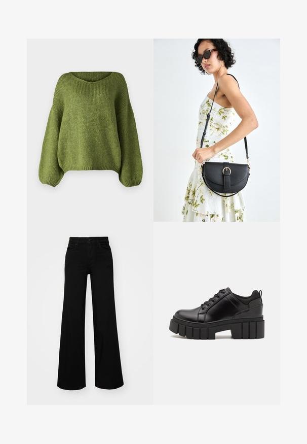 JDY JDYDINEA L/S REVERSIBLE - Strickpullover - fern; Schwarze weit geschnittene Hose aus Denim, mit einem strukturierten Bund, Gürtelschlaufen und Fronttaschen. Glatte Textur mit klassischem Design.; Schwarze Lederplateauschuhe mit klobigem Blockabsatz, runder Zehenpartie und traditionellem Schnürdesign. Verfügt über eine glatte Textur und minimale Details.; Schwarze Lederhandtasche mit geschwungener Form, abnehmbarem Tragegurt und goldenen Beschlägen. Die Tasche verfügt über einen Deckel mit einer Schnallen-Details.