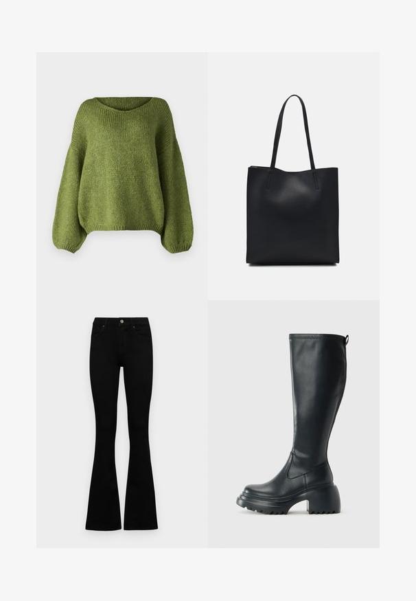 JDY JDYDINEA L/S REVERSIBLE - Strikkegenser - fern; Sorte høytlivsjeans med knapp og glidelås, frontlommer og utsvingte bein liggende flatt på en hvit bakgrunn.; Høy svart lærstøvel med chunky plattformsåle og blokkhelt, med trekkstang og teksturert mønster på yttersålen.; Svart lær tote bag med glatt tekstur, rektangulær form og to lange håndtak. Ingen synlige deler eller dekorasjoner.