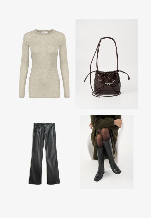 Hosszú ujjú felső világosszürke színben, puha, texturált anyagból készült. Kerek nyakkivágással és szabott siluettel rendelkezik. Egyszerű és sokoldalú kialakítás.; Fekete műbőr bővülő nadrág sima textúrával, öt zsebbel, elülső cipzárral és kontrasztos varrásokkal.; Térdfelett érő fekete bőr csizmák négyzet alakú orral és tömbtalppal, olajzöld kabátban ülő modellel bemutatva. Simaság, minimalista részletezés.; Sötétbarna fényes bőr válltáska gyűrt felső résszel és vékony, állítható pánttal, elöl kis ezüst színű kapoccsal.
