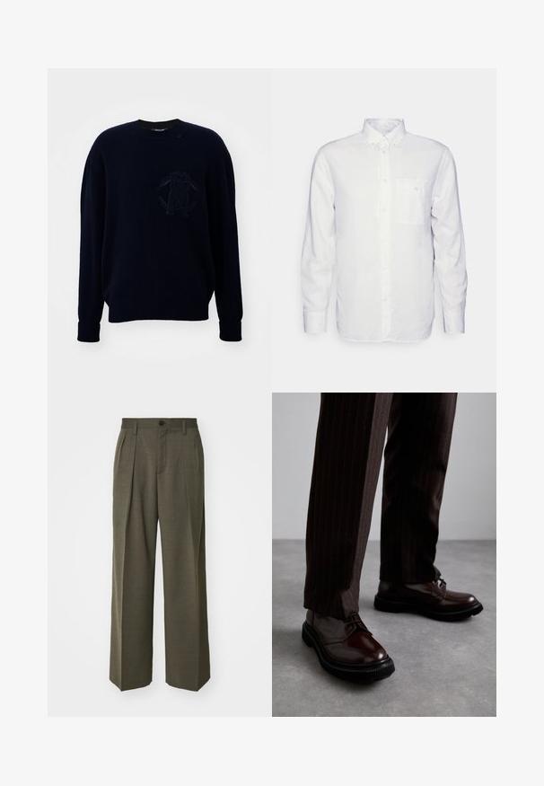 Roberto Cavalli - Sweter; Biała koszula z długim rękawem wykonana z bawełny, z kołnierzykiem zapinanym na guziki, przednią kieszenią i regularnym krojem. Teksturowana tkanina o gładkiej powierzchni.; Filippa K - Spodnie materiałowe; Brązowe skórzane buty sznurowane o błyszczącym wykończeniu, czarna gumowa podeszwa i subtelne przeszycia. Noszone z brązowymi spodniami w prążki.