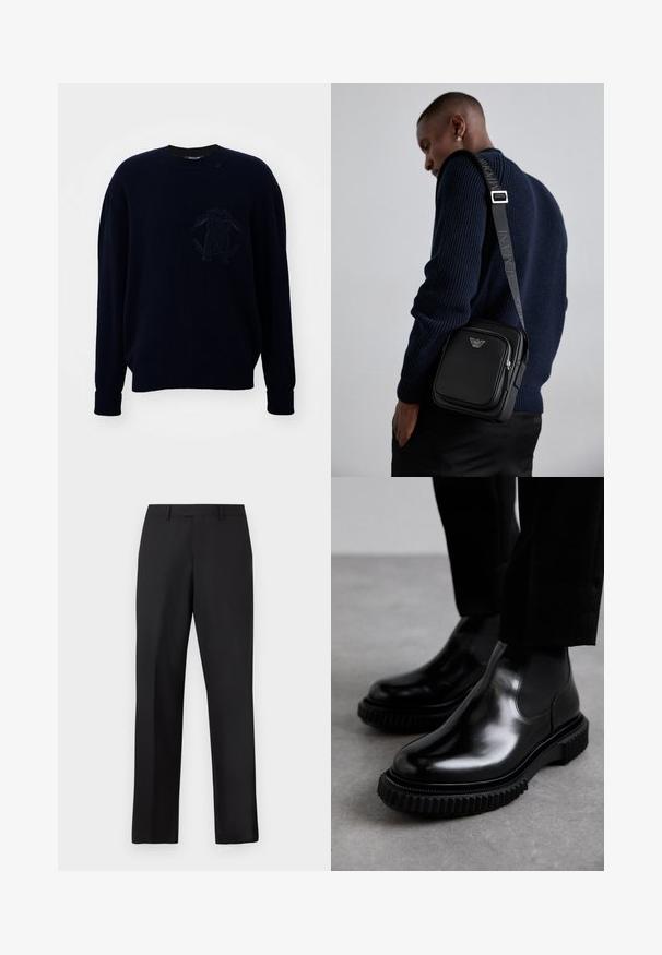 Roberto Cavalli - Sweter; Czarne spodnie o prostych nogawkach wykonane z gładkiej tkaniny. Posiadają standardowy pas i nie mają widocznych wzorów ani zdobień.; Czarne skórzane buty typu chelsea z gładkim wykończeniem, elastycznymi bocznymi panelami oraz grubą, teksturowaną gumową podeszwą z wyraźnym bieżnikiem.; Czarna skórzana torba na ramię z zamykaną kieszenią, detalem z logo i regulowanym paskiem z logo. Nosi ona na tle teksturowanego granatowego swetra.