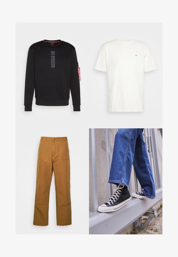 Mustmustelne särk ümmarguse kaelusega, mille keskel on julge "ALPHA" logo ja lukuclosedtasku punase sildiga. Pehme kangas.; Valge puuvillane T-särk ümmarguse kaelusega, lühikeste varrukatega ja väikese musta "W.W." logoga vasakul rinnal. Sile tekstuur, regulaarne lõige.; Pruunid puuvillased utiliidipüksid sirge lõikega, millel on ees taskud ja metallist detailid täiendava vastupidavuse tagamiseks.; Mustad mustade kõrgete tossudega, millel on valge tallaga ja valged paelad, koos vaba sinise denimidega, mis puhkavad hallil piiridel.