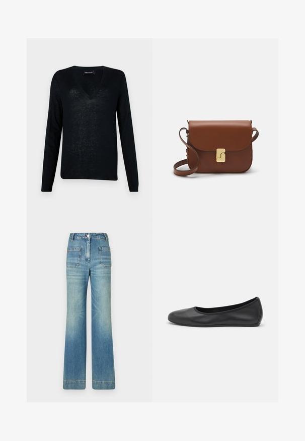 Pull noir à manches longues et décolleté en V, fabriqué dans un matériau léger et semi-transparent, avec une coupe décontractée et un design minimaliste.; T-shirt blanc à manches courtes en tissu côtelé. Col rond, coupe régulière et détails de couture subtils. Aucune motif ni graphique.; Jeans en denim bleu clair évasés avec cinq poches, passants de ceinture, fermeture à bouton et une texture légèrement décolorée, présentant un détail de logo rouge à l'arrière.; Ballerines en cuir noir avec un bout rond, texture lisse, détails de couture minimalistes et design de semelle flexible.; Sac à main en cuir marron avec une fermeture à rabat, des accents en métal doré, une bandoulière et une texture lisse. Forme rectangulaire compacte.