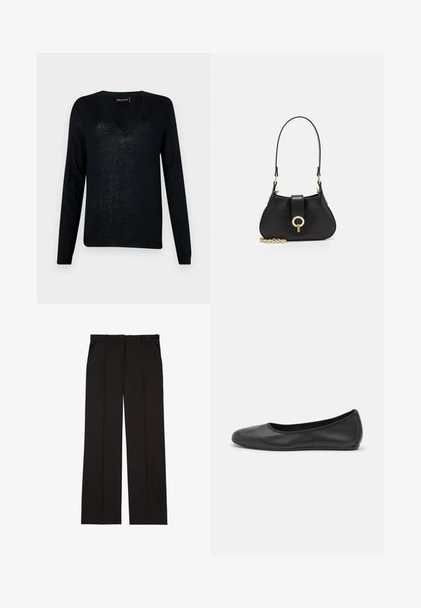 Czarny sweter z długim rękawem i dekoltem w kształcie V, wykonany z lekkiego, półprzezroczystego materiału o luźnym kroju i minimalistycznym wzornictwie.; Czarne dopasowane spodnie wykonane z gładkiej tkaniny, charakteryzujące się prostymi nogawkami i dwoma bocznymi kieszeniami. Elegancka i minimalistyczna konstrukcja.; Czarne skórzane baletki z zaokrąglonym noskiem, gładką fakturą, minimalnymi przeszyciami i elastycznym designem podeszwy.; sandro - Torebka