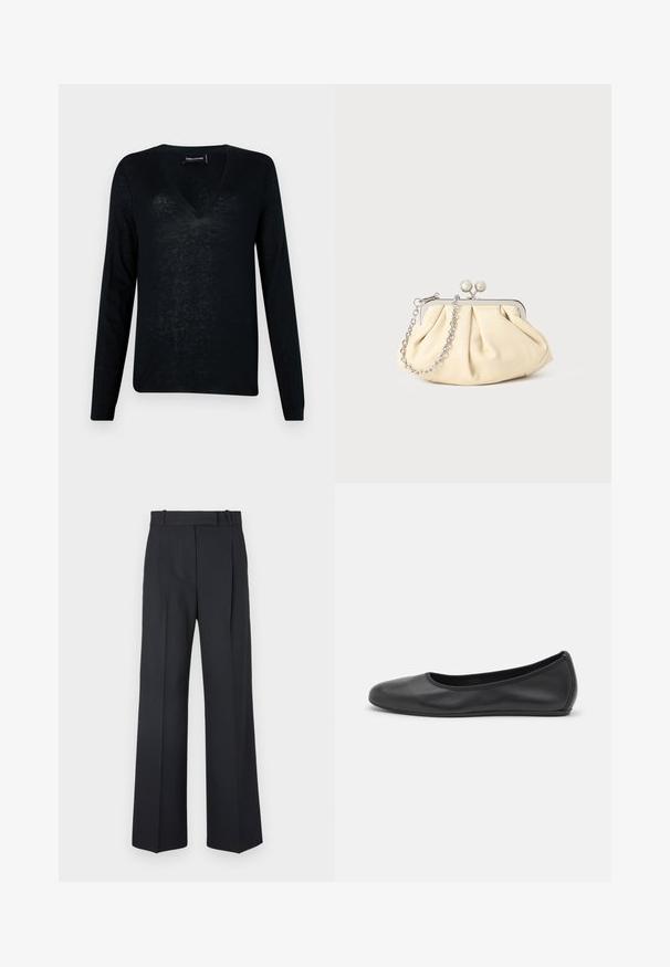 Juodas ilgomis rankovėmis V formos kaklo megztinis, pagamintas iš lengvo, pusiau permatomo audinio, su laisvu kirpimu ir minimalistiniu dizainu.; Tamsiai mėlynos juostelės kelnės su aukštu liemeniu, plačiomis kojomis ir be matomų detalių ar puošmenų. Sklandus audinys ir pritaikytas siluetas.; Juodai odiniai baletai su apvaliu pirštu, lygi texture, minimalus siuvimo detales ir lanksčiu padų dizainu.; Plyšiniai smėlio spalvos odiniai rankinukai su sidabriniu metaliniu rėmu, turintys du apvalius dekoratyvinius užtrauktukus ir sidabrinę grandinėlę.